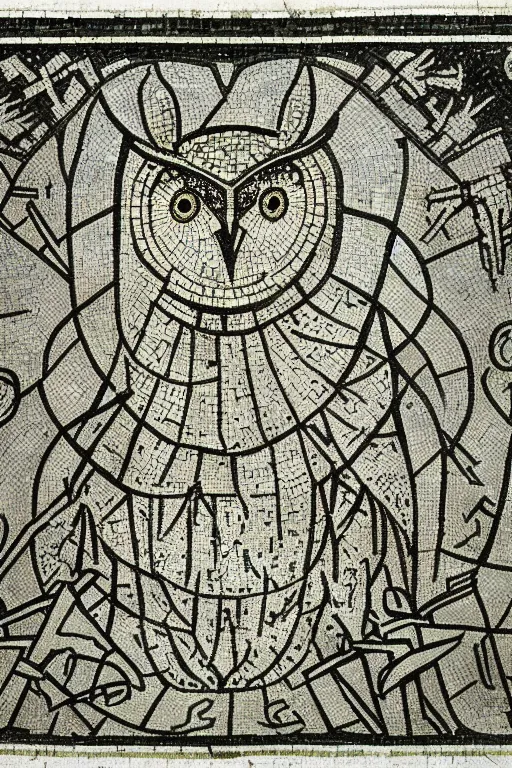 Image similar to realistic medieval etching mosaic of the owls of astarte, intrincate detail, clear cross hatching, detailed faces. by austin osman spare, occult art, alchemical diagram