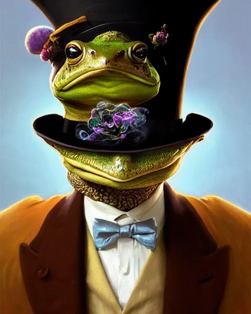Prompt: close portrait of a fancy toad ( animal ) with a top hat, smoking weed, vaporwave, bedroom, highly detailed, digital painting, artstation, concept art, smooth, sharp focus, illustration, art by artgerm and greg rutkowski and alphonse mucha