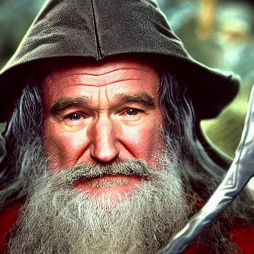 Prompt: Robin Williams playing Gandalf in Lord-of-the-Rings, screenshot