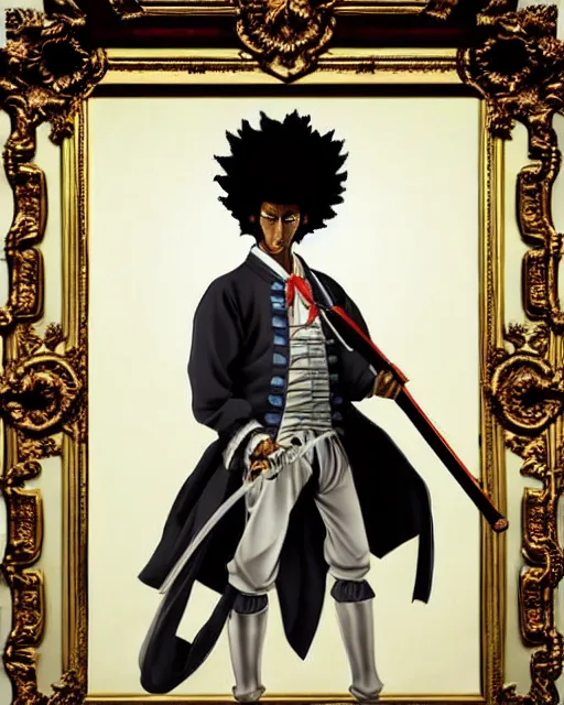 Image similar to afro samurai anime character wearing a beautiful 1 8 th century suit with a tie, rococo style, francois boucher style, highly detailed, very realistic, painterly style