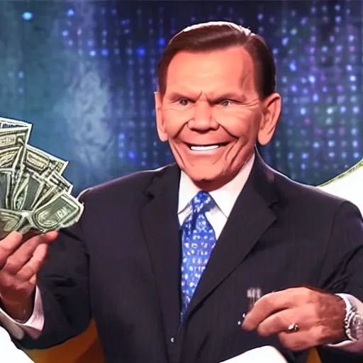 Image similar to a still of kenneth copeland, smiling, surrounded by flying money