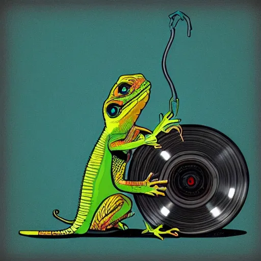 Image similar to a lizard dj, digital art, artstation, playing records