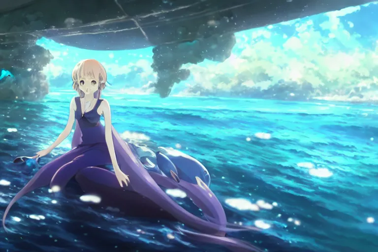 Image similar to a panorama distant view under the water, underwater world, anime art full body portrait character concept art, hyper detailed cg rendering of a cute girl and whale, anime key visual of violet evergarden, finely detailed perfect face, style of raphael lacoste, makoto shinkai, violet evergarden, studio ghibli, james jean, hayao miyazaki, extremely high quality artwork