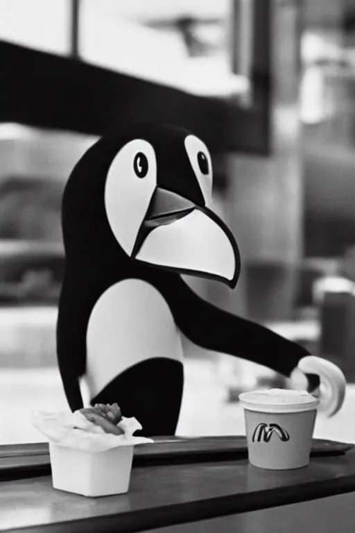 Image similar to an anthropomorphism toucan enjoying a meal at mcdonalds, photo taken in 1 9 6 6, highly detailed photography, 3 5 mm, natural light, bokeh effect