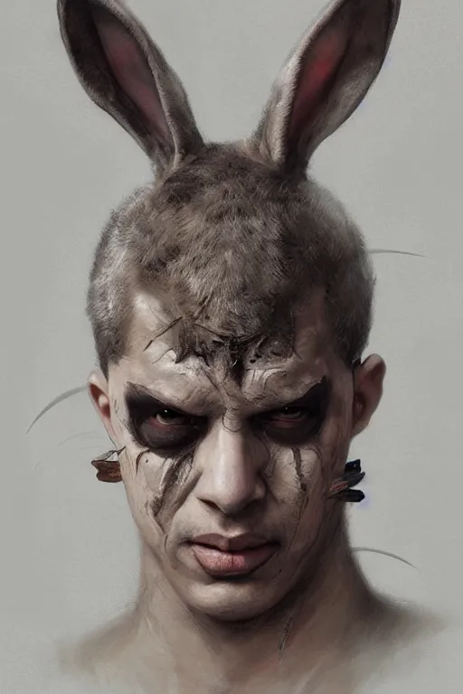 Image similar to Portrait of singer Bad Bunny, face transforming in a Rabbit, marvel comics, dark, intricate, highly detailed, smooth, artstation, digital illustration by Ruan Jia and Mandy Jurgens and Artgerm and Wayne Barlowe and Greg Rutkowski and Zdislav Beksinski