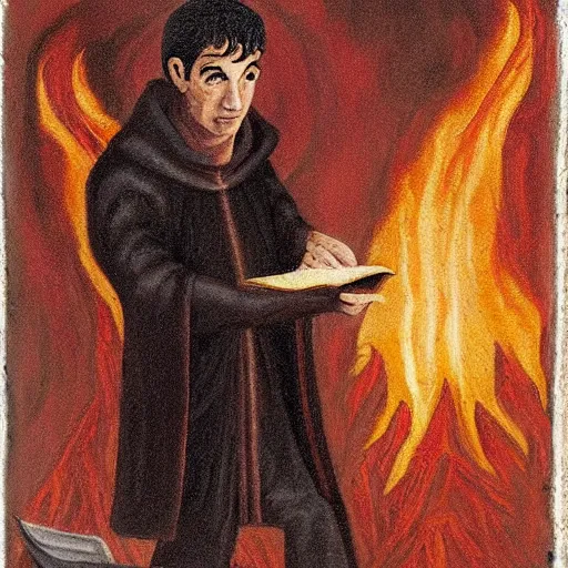 Prompt: nathan fielder walking around hell!!! holding a notepad, dante's inferno!!! medieval painting, oil painting