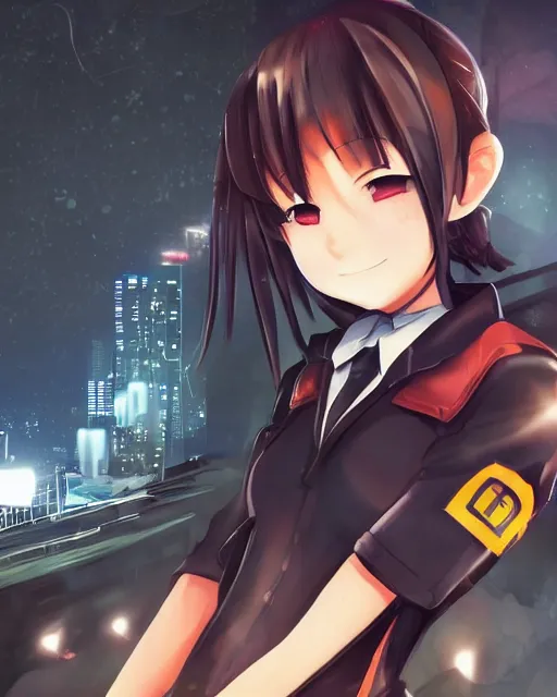 Image similar to full body portrait of anime schoolgirl in mechanic armor in night tokyo by makoto sinkai, perfect face, fine details