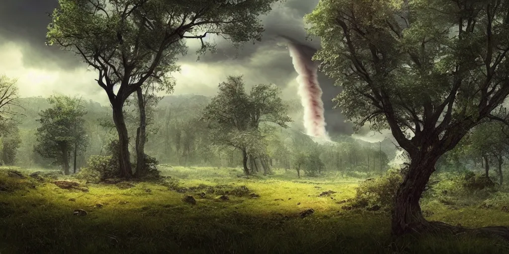 Image similar to A tornado in a beautiful scenic landscape, nature, trees, wide angle, super highly detailed, professional digital painting, artstation, concept art, smooth, sharp focus, no blur, no dof, extreme illustration, Unreal Engine 5, Photorealism, HD quality, 8k resolution, cinema 4d, 3D, beautiful, cinematic, art by artgerm and greg rutkowski and alphonse mucha and loish and WLOP