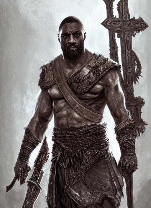 Image similar to a highly detailed illustration of idris elba as god of war kratos, dramatic smiling wielding bloody cross pose, gothic church background, intricate, elegant, highly detailed, centered, digital painting, artstation, concept art, smooth, sharp focus, league of legends concept art, wlop