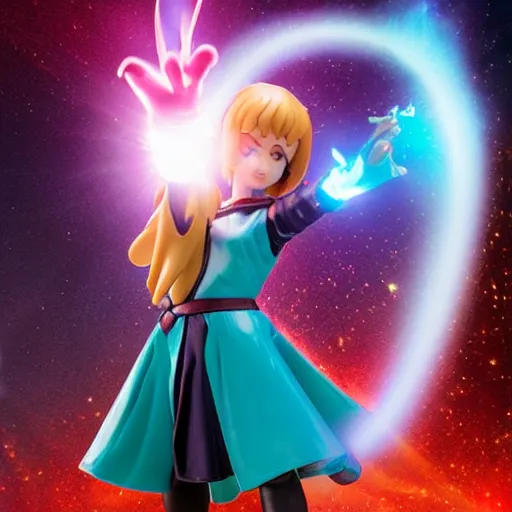 Prompt: cute pvc figure of a cute sorcerer girl casting a powerful spell, lens flare