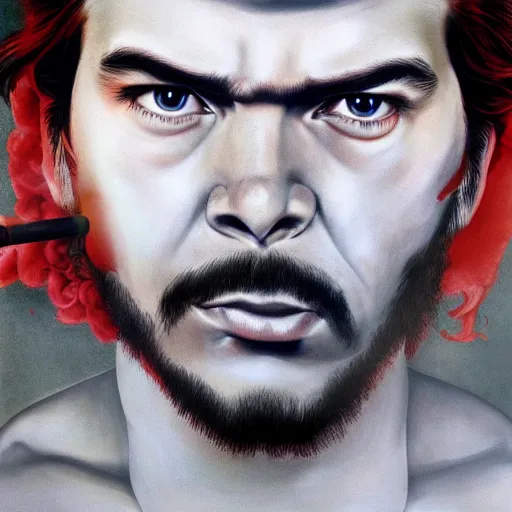 Image similar to colour masterpiece surreal closeup portrait photography of che guevara by miho hirano and annie leibovitz and michael cheval, red and grey smoke background, 8 k