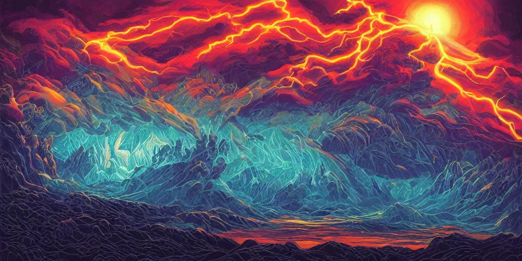 Image similar to artwork, masterpiece of from Dan Mumford collection ::La Chroma:: with a mage invoking divine gods while there's a storm and lightings, trending on ArtStation, art by Dan Mumford and details by artgerm