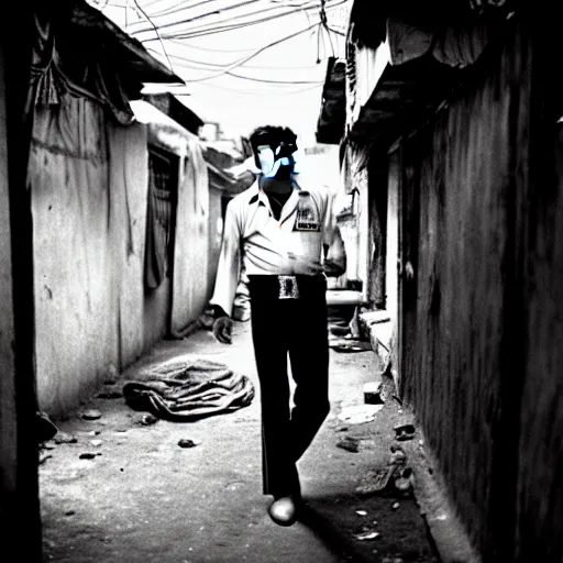 Image similar to Elvis Presley in a slum in Mumbai, XF IQ4, 150MP, 50mm, F1.4, ISO 200, 1/160s, natural light