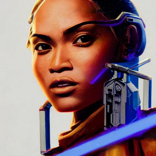 Image similar to star wars jedi Beyonce profile picture by Greg Rutkowski, intricate details, dynamic portrait, futuristic, volumetric lights, streetwear, studio ghibli, Organic Painting , Matte Painting, geometric shapes, hard edges, trending on the artstation, fantasy LUT, realistic by Sachin Teng + Martin Grip + Moebius + Patrick Gleason, smooth, sharp focus, illustration, art by John Collier and Albert Aublet and Krenz Cushart and Artem Demura and Alphonse Mucha, techwear, Industrial Scifi, detailed illustration, character portrait,