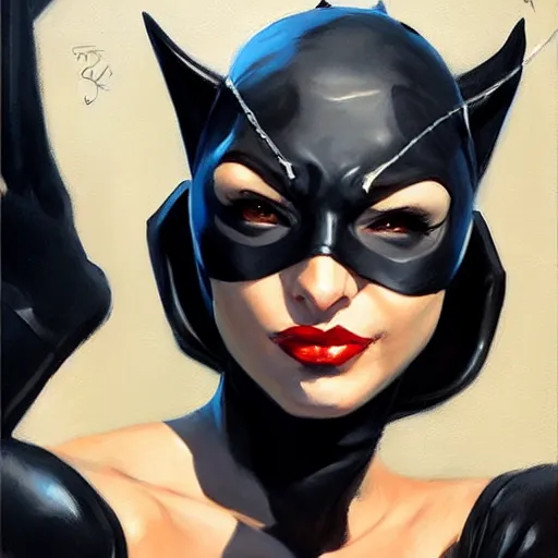 Image similar to Greg Manchess portrait painting of Catwoman as Overwatch character, medium shot, asymmetrical, profile picture, Organic Painting, sunny day, Matte Painting, bold shapes, hard edges, street art, trending on artstation, by Huang Guangjian and Gil Elvgren and Sachin Teng