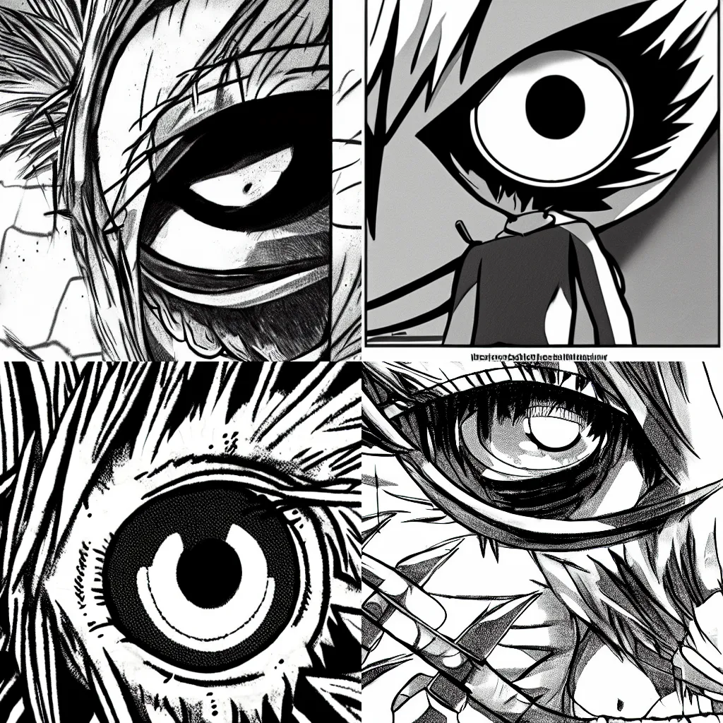 Prompt: Manga sketch of a ants eye view of Dabi