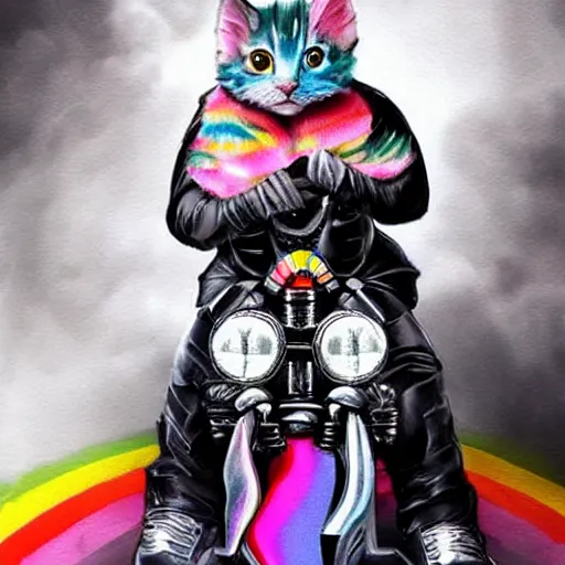 Image similar to wide angle full body, jacket wearing fluffy cute rainbow kitten wearing a black leather motorcycle jacket, cinematic concept art