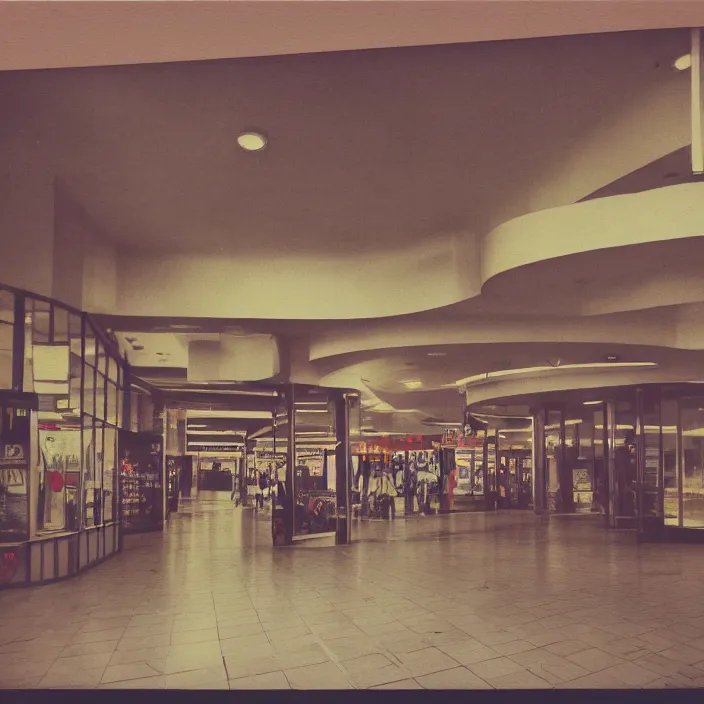 Image similar to unsettling polaroid of a retro mall, deep depth of field. highly detailed, hyper realism, hd, 4 k