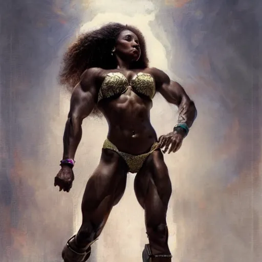 Prompt: : beautiful portrait of a african amazonian woman bodybuilder posing, radiant light, caustics, war hero, metal gear solid, by gaston bussiere, bayard wu, greg rutkowski, giger, maxim verehin