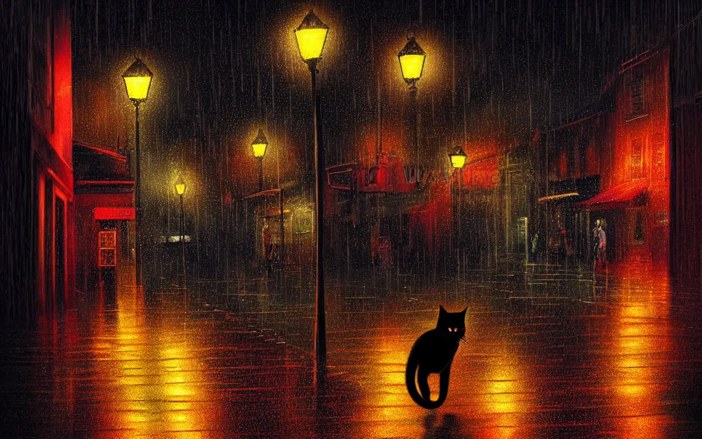 Image similar to black cat running through heavy rain in an emprty neon lit street at night by wlop, ultra detailed color art, high detail, digital art