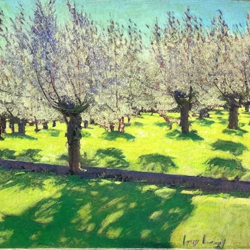 Image similar to by john lavery kokedama, vignetting expressive, shadowy. a beautiful installation art depicting a farm scene. the installation art shows a view of an orchard with trees in bloom.