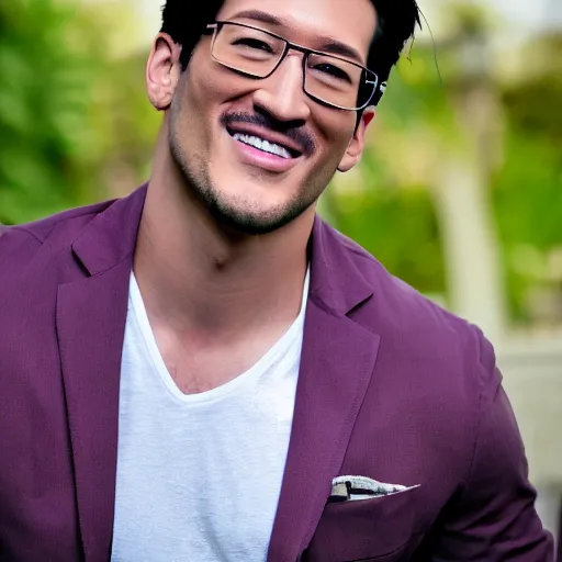 Image similar to a high quality photo of handsome markiplier, gigachad