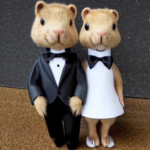 Prompt: a capybara wearing a tuxedo being wed to a rabbit wearing a wedding dress
