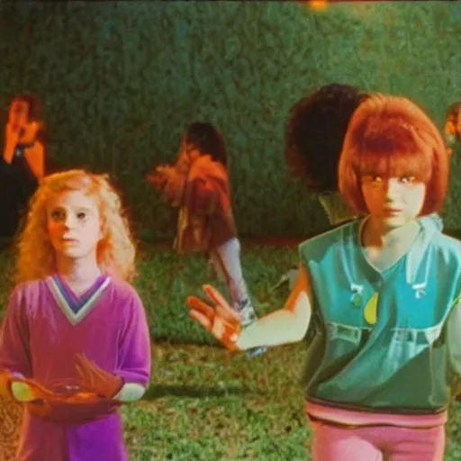 Prompt: still from 1986 live-action children's tv show about a girl who enters an eyeball cult color