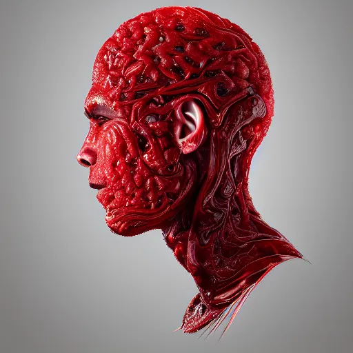 Image similar to man's head made out of strawberry skin, head is exploding in a swirl of jam : ornate, dynamic, particulate, intricate, elegant, highly detailed, centered, artstation, smooth, sharp focus, octane render