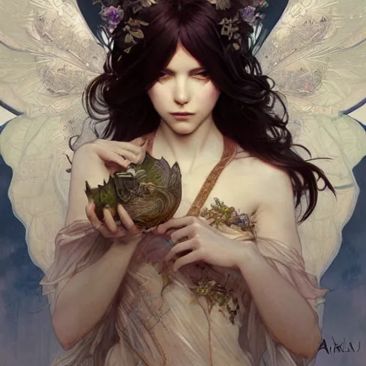 Image similar to beautiful angelic seductive fairy, fantasy, intricate, cinematic lighting, highly detailed, digital painting, artstation, smooth, sharp focus, illustration, art by Akihiko Yoshida, Greg Rutkowski and Alphonse Mucha, by Pixar
