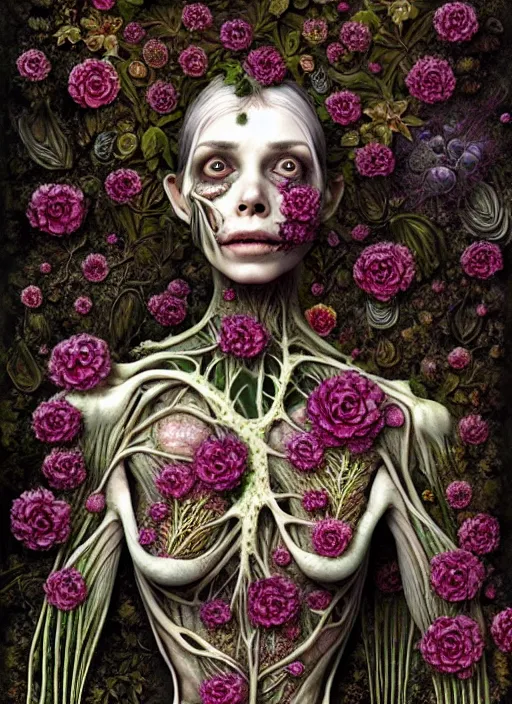 Image similar to beautiful and detailed rotten woman corpse with fractal plants and fractal flowers growing around, muscles, veins, arteries, intricate, organs, ornate, surreal, ray caesar, john constable, guy denning, dan hillier