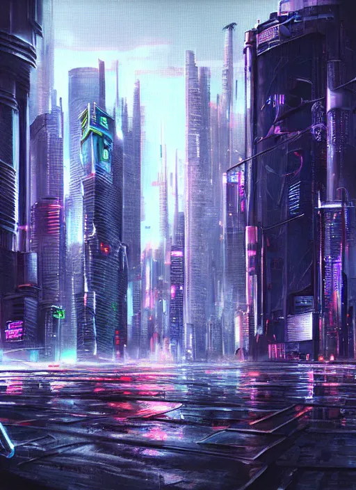 Image similar to Cyberpunk cityscape realistic painting