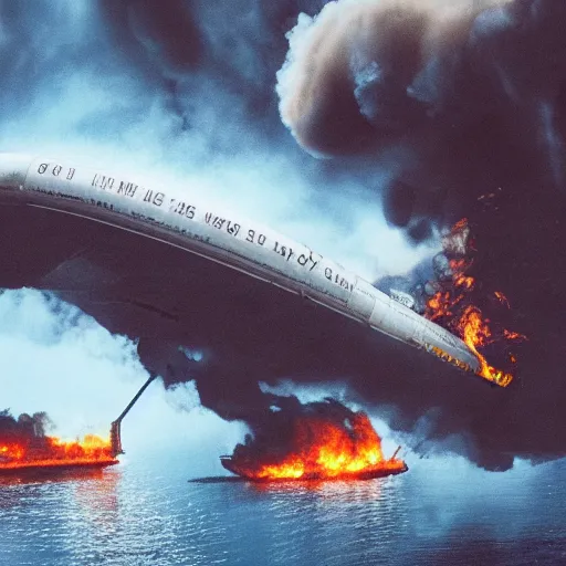 Prompt: big oil tanker on fire, smoke, night, emergency, blue water, cyberpunk, future, helicopters, high detail