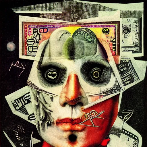 Prompt: post - punk new age album cover, asymmetrical design, dollar bank notes, capitalism, magic, apocalypse, psychedelic, black white pastel pink, slightly holographic, magic, giger h. r., giuseppe arcimboldo, peder aalto