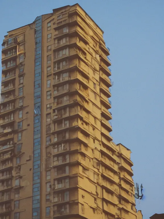 Image similar to photo of low soviet panel residential building, extreme wide shot, golden hour, kodak gold 2 0 0, side - view