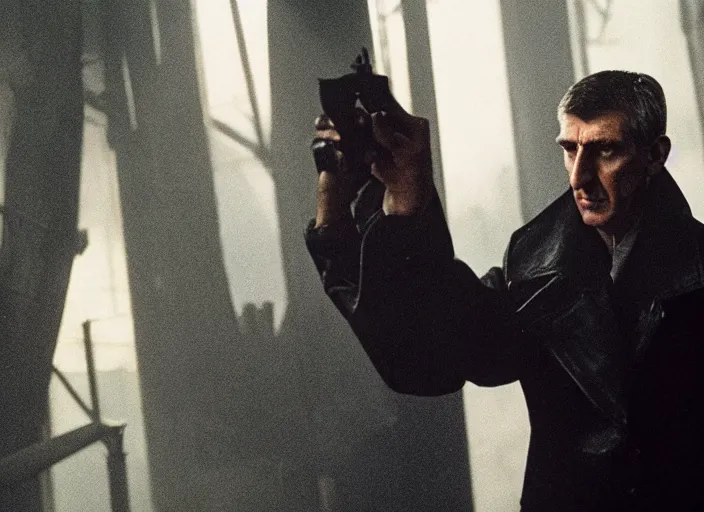 Image similar to film still andrej babis wearing leather coat as a detective in blade runner, 8 k