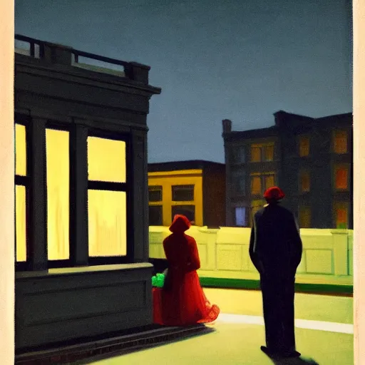 Prompt: a man spying on a couple that is arguing in the middle of the street at night, in the style of Edward Hopper, 4k,