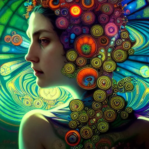 Image similar to An extremely colorful psychedelic experience, warping time and space, magic mushrooms, psilocybin, LSD, face, detailed, intricate, elegant, highly detailed, digital painting, artstation, concept art, smooth, sharp focus, illustration, art by Krenz Cushart and Artem Demura and alphonse mucha