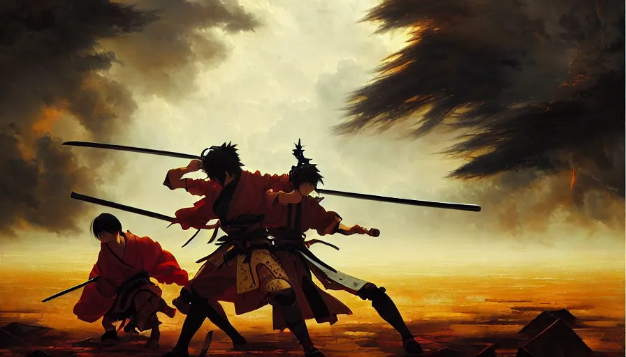 Image similar to baroque oil painting of key visual large epic samurai battle, rain, brutalist fantasy, rule of thirds golden ratio, fake detail, trending pixiv fanbox, acrylic palette knife, style of makoto shinkai takashi takeuchi yoshiyuki sadamoto greg rutkowski chiho aoshima