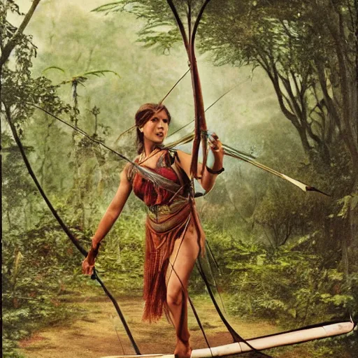 Prompt: film still of a female heroine in the jungle hunting with bow and arrow, by tori seubert, realistic