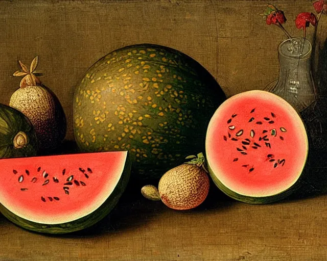 Image similar to a 1 5 th century medieval oil painting of a watermelon with lots of rind and large seeds. high quality scan