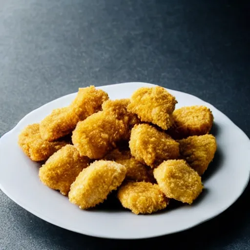Image similar to chicken nuggets made of gold in a bowl made of silver, studio photo, dslr close up