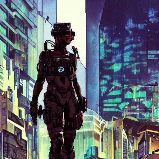 Image similar to Selina. USN special forces futuristic recon operator, cyberpunk headset, on patrol in the Australian autonomous zone, deserted city skyline. 2087. Concept art by James Gurney and Alphonso Mucha
