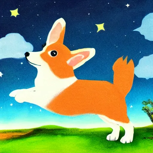 Image similar to corgi with [ angelic wings ]!!, [ flying like a superhero ]!! in the [ night sky ]!! where the stars are visibly perceptible, [ illustration via a child ]!!