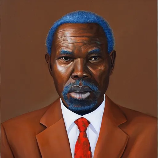 Image similar to a painting of a wide forehead, round face, XXL , smirky, fatherly, loving, caring, generous, ever-present, humble, wise elder from Kenya in a suit by Kehinde Wiley . Fatherly/daddy, focused, loving, leader, relaxed,. ethereal lights, details, smooth, sharp focus, illustration, realistic, cinematic, artstation, award winning, rgb , unreal engine, octane render, cinematic light, macro, depth of field, blur, red light and clouds from the back, highly detailed epic cinematic concept art CG render made in Maya, Blender and Photoshop, octane render, excellent composition, dynamic dramatic cinematic lighting, aesthetic, very inspirational, arthouse.