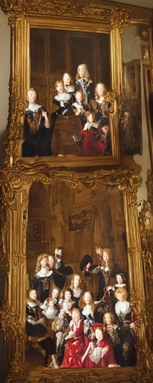 Image similar to oil paint of family portrait in the main room of the castle, dark room, one point of light trough a big window. baroque style 1 6 5 0, high details on clothes, realistic faces and expressions