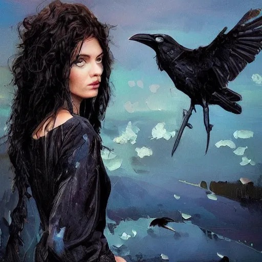 Image similar to morning, raven bird perching on the shoulder of a woman in a black dress. sun, cinematic, clouds, vogue cover style, copper and deep blue mood, realistic painting, intricate oil painting, high detail, figurative art, multiple exposure, poster art, 3 d, by simon bisley, ismail inceoglu, wadim kashin, filip hodas.