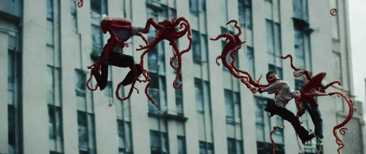 Image similar to filmic extreme close up shot 3 5 mm film color photograph of a family jumping bloody pants off a building laughing with tentacle arms happy, only color results