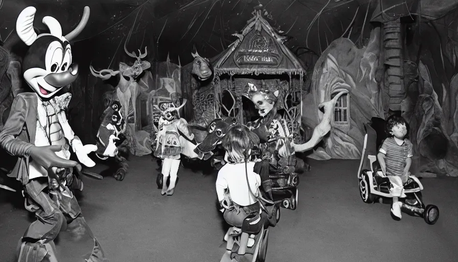 Image similar to 1980s photo of inside the Magic goats haunted house ride at Disney World in Orlando, Florida, children riding on robotic goats through a haunted house, cinematic, UHD