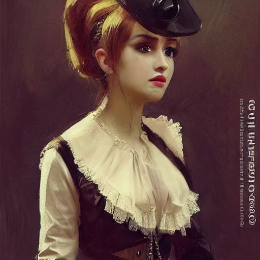 Image similar to Portrait of a steampunk Ariana Grande, elegant, mechanical, broad detail, facial details, vintage shading, by Ilya Repin